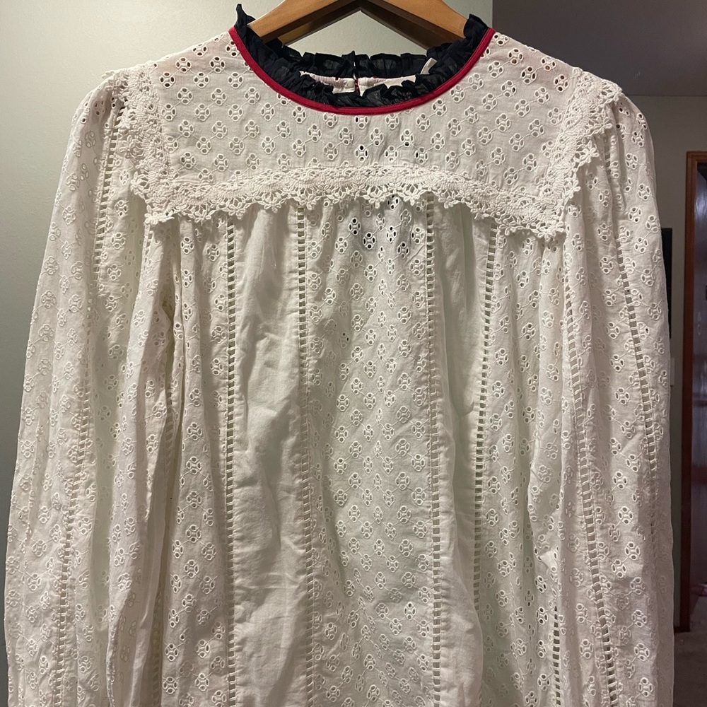 ba&sh Ivory Eyelet Blouse with Black and Red Trim